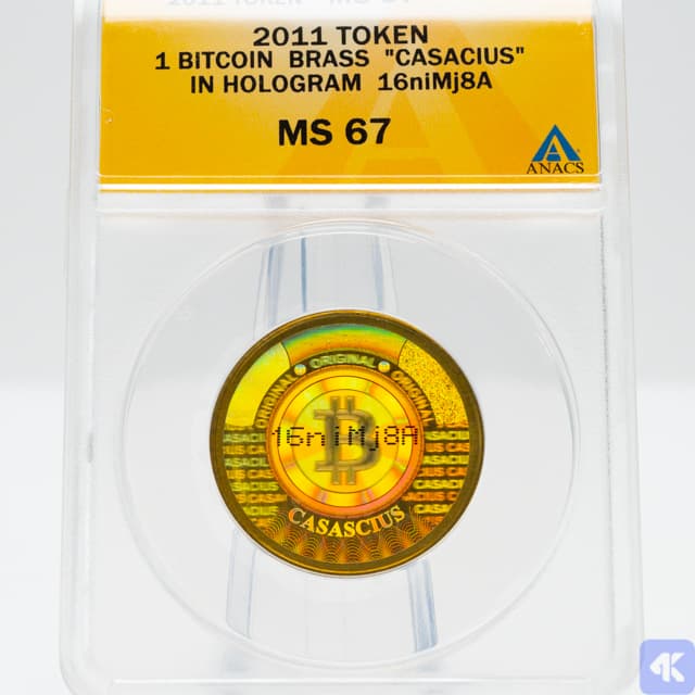 2011 "Error" Brass Unpeeled 1 Bitcoin (BTC) Casascius Coin ANACS Graded MS 67 (1 of 2 images)